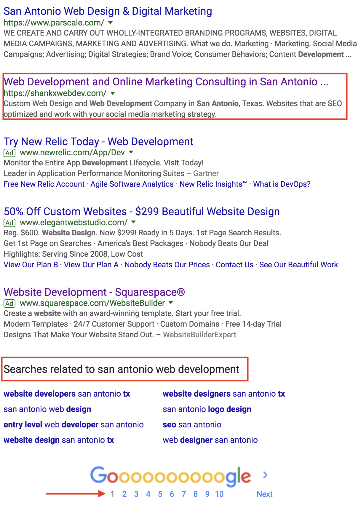 google webpage showing seo results